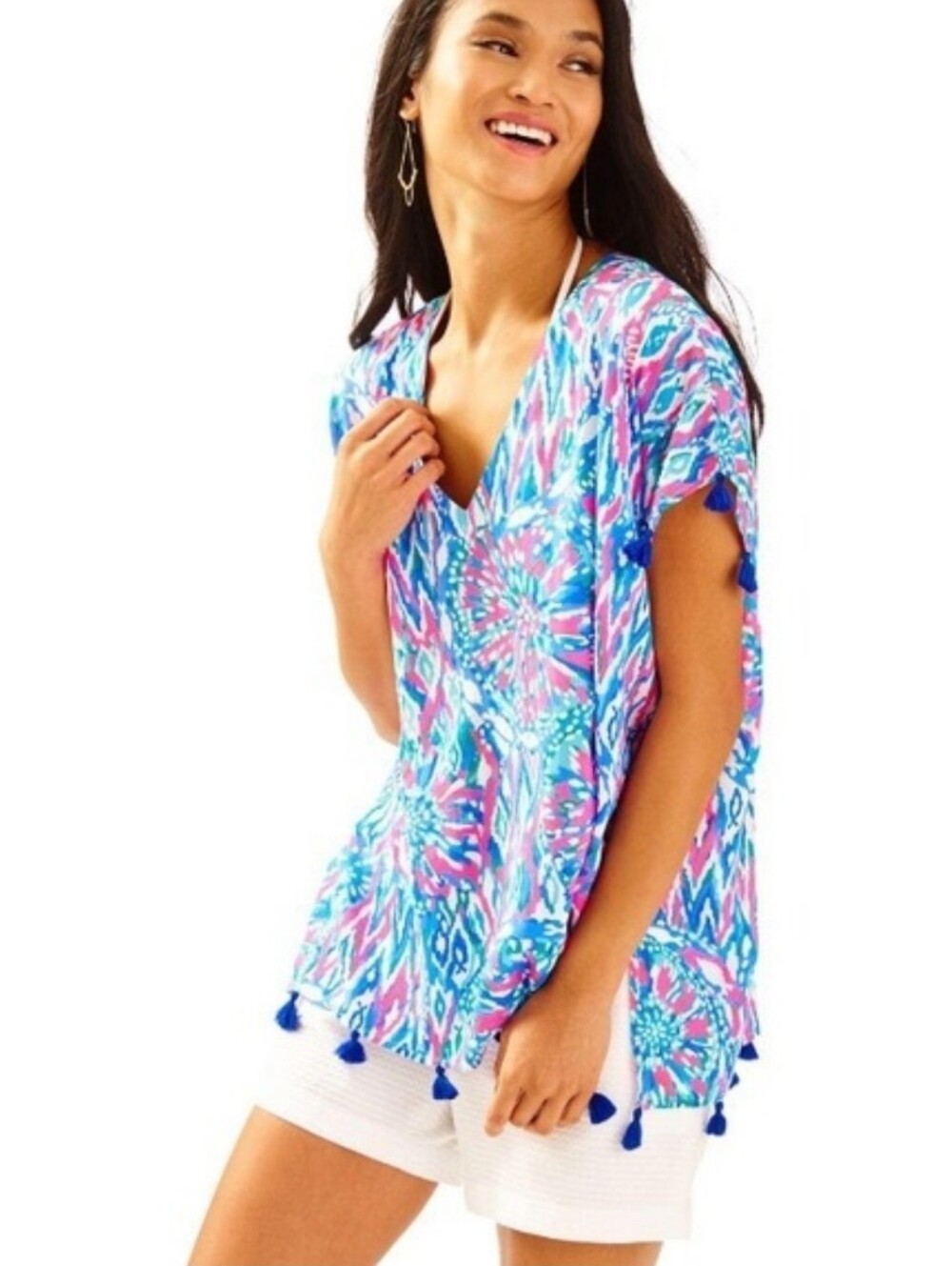 Lilly Pulitzer Sydney Caftan Blue And PinkTunic Tasseled Top Size L/XL